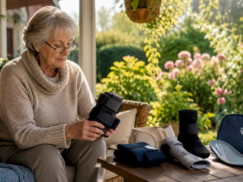 Eine ältere Dame begutachtet verschiedene orthopädische Hilfsmittel, die auf dem Tisch liegen.