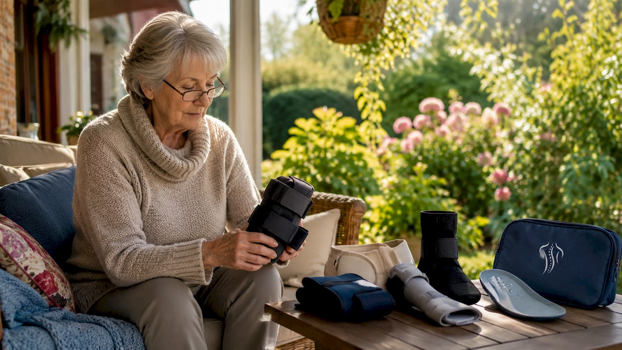 Eine ältere Dame begutachtet verschiedene orthopädische Hilfsmittel, die auf dem Tisch liegen.