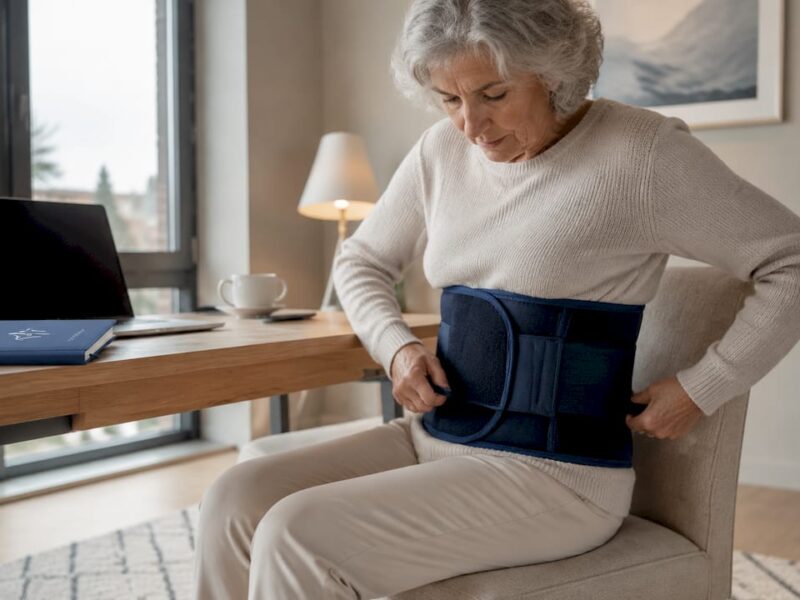 Eine ältere Dame legt ihre Rückenbandage an.