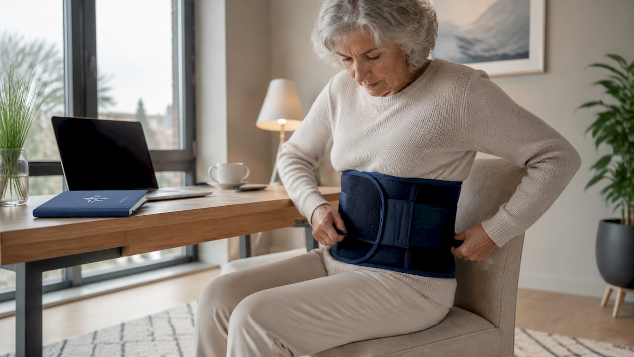 Eine ältere Dame legt ihre Rückenbandage an.