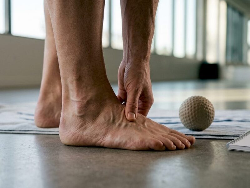 Detailaufnahme eines Fußes während einer Massage, die gezielt die natürliche Dämpfungsfunktion unterstützt.