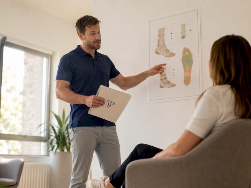 Ein Physiotherapeut erklärt seiner Patientin die Ursachen ihrer Fußbeschwerden und gibt Tipps, wie sie diese lindern kann.