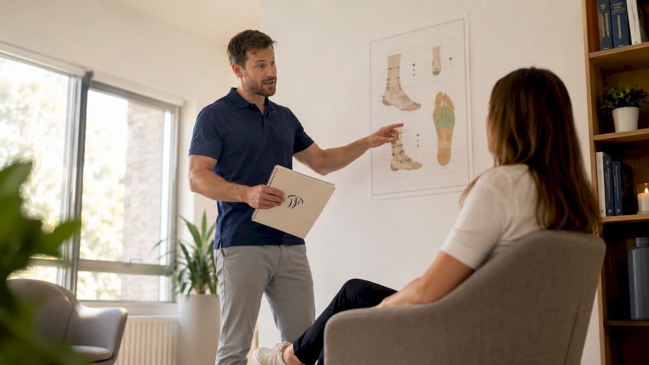 Ein Physiotherapeut erklärt seiner Patientin die Ursachen ihrer Fußbeschwerden und gibt Tipps, wie sie diese lindern kann.