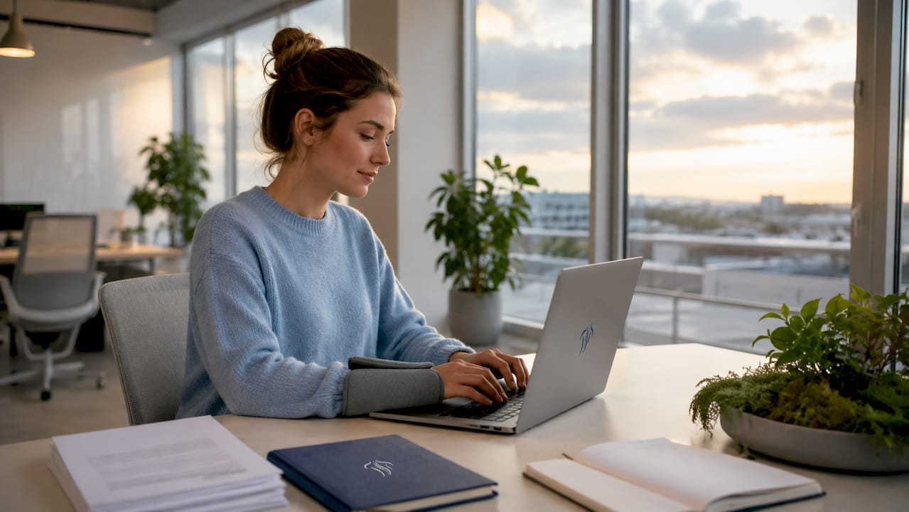 Eine Frau sitzt am Schreibtisch und tippt auf der Tastatur, während sie eine Handgelenkstütze verwendet.