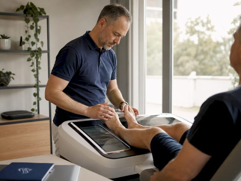 In einer modernen Fachpraxis nimmt ein Orthopädietechniker präzise Fußmaße.