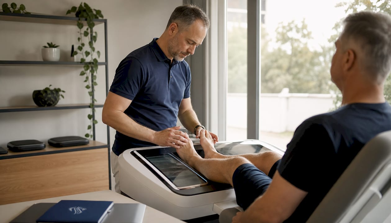 In einer modernen Fachpraxis nimmt ein Orthopädietechniker präzise Fußmaße.