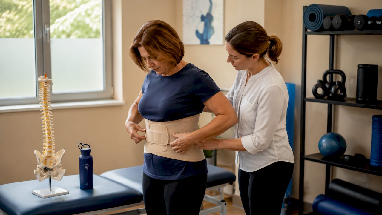 In einer Therapiepraxis lässt sich eine Frau eine Lumbalorthese anpassen.
