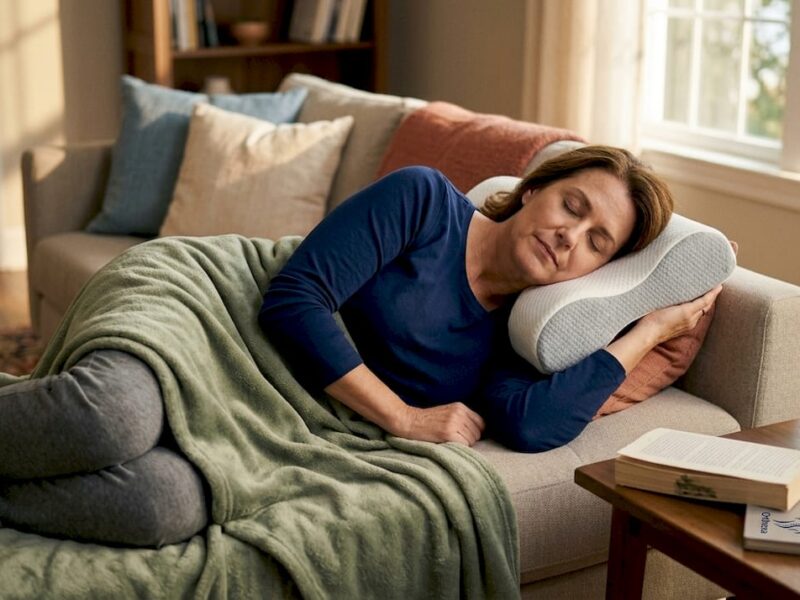 Eine Frau genießt entspannt ihre Auszeit im Schlafzimmer und liegt dabei bequem auf einem ergonomischen Nackenstützkissen.