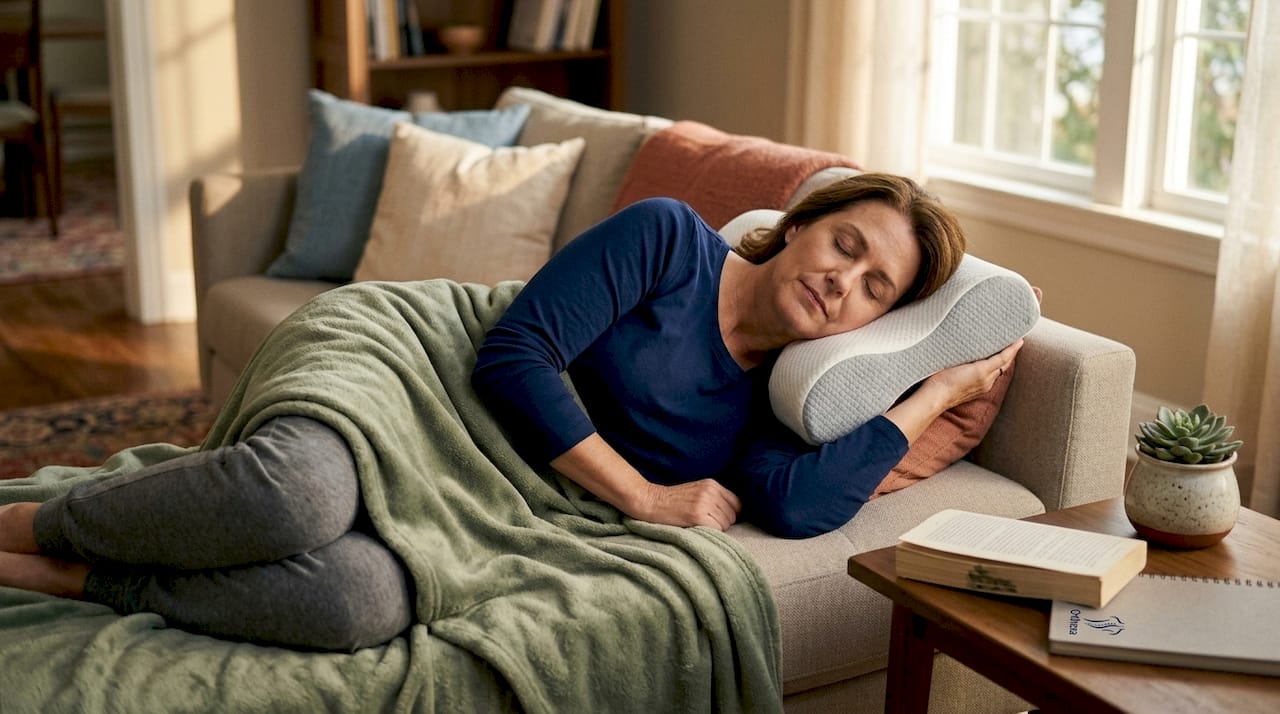 Eine Frau genießt entspannt ihre Auszeit im Schlafzimmer und liegt dabei bequem auf einem ergonomischen Nackenstützkissen.