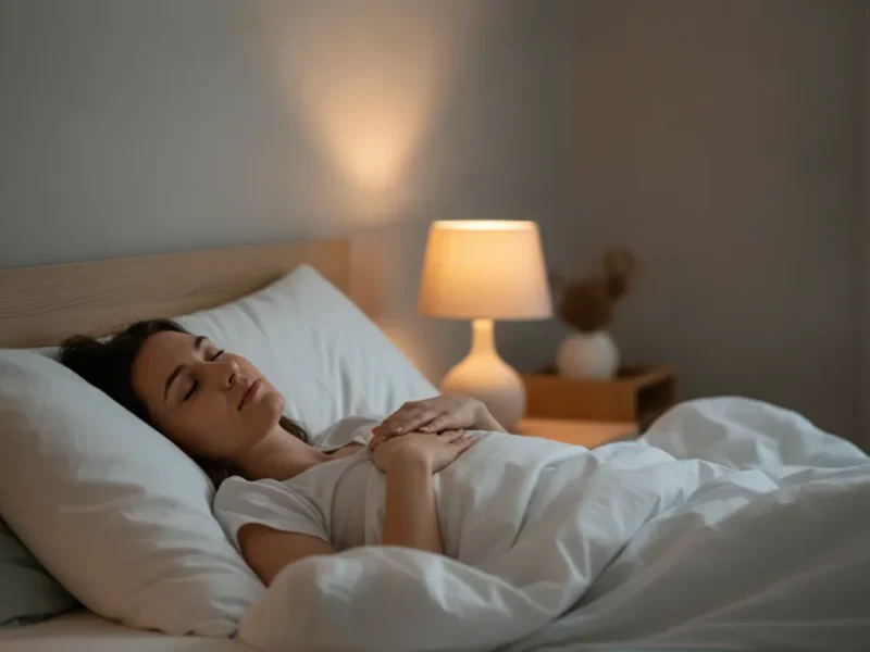 Eine Person liegt entspannt im Bett und atmet mit geschlossenen Augen ruhig, um besser einzuschlafen.