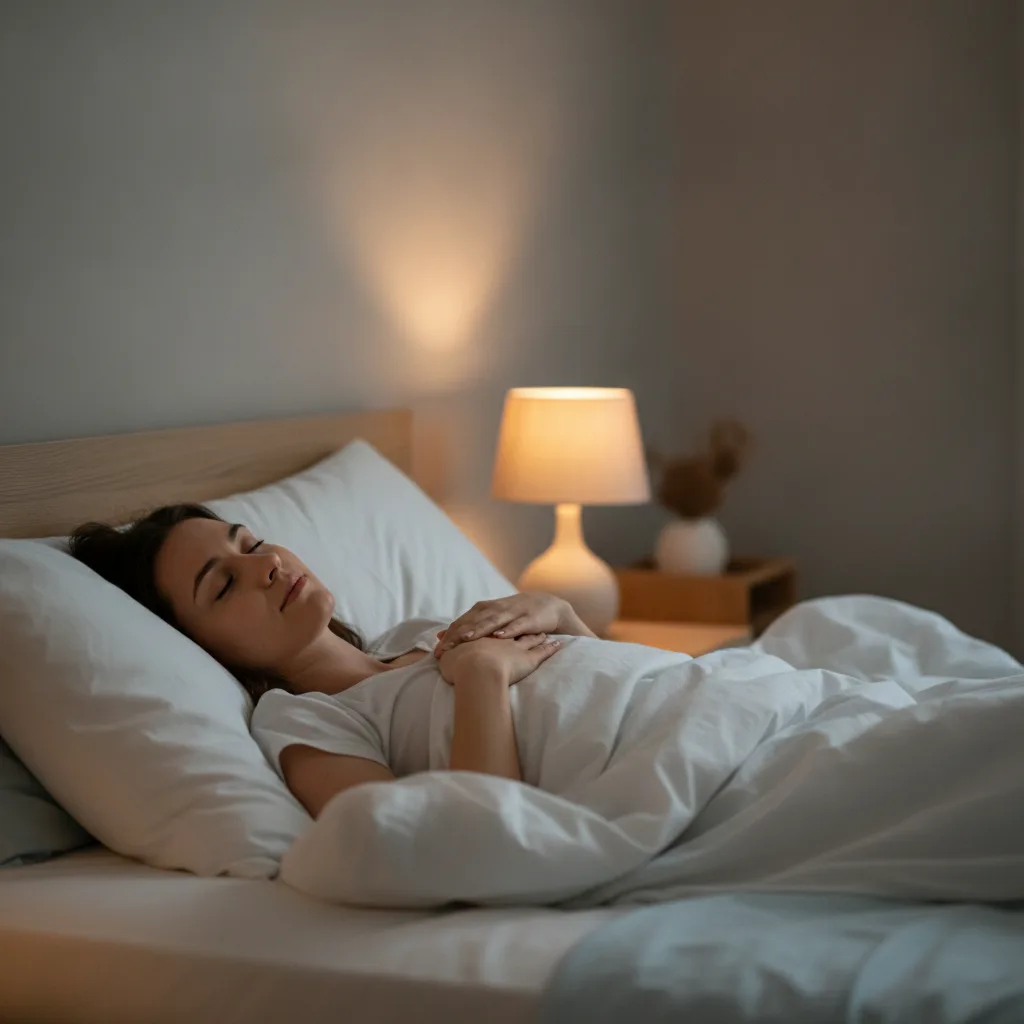 Eine Person liegt entspannt im Bett und atmet mit geschlossenen Augen ruhig, um besser einzuschlafen.