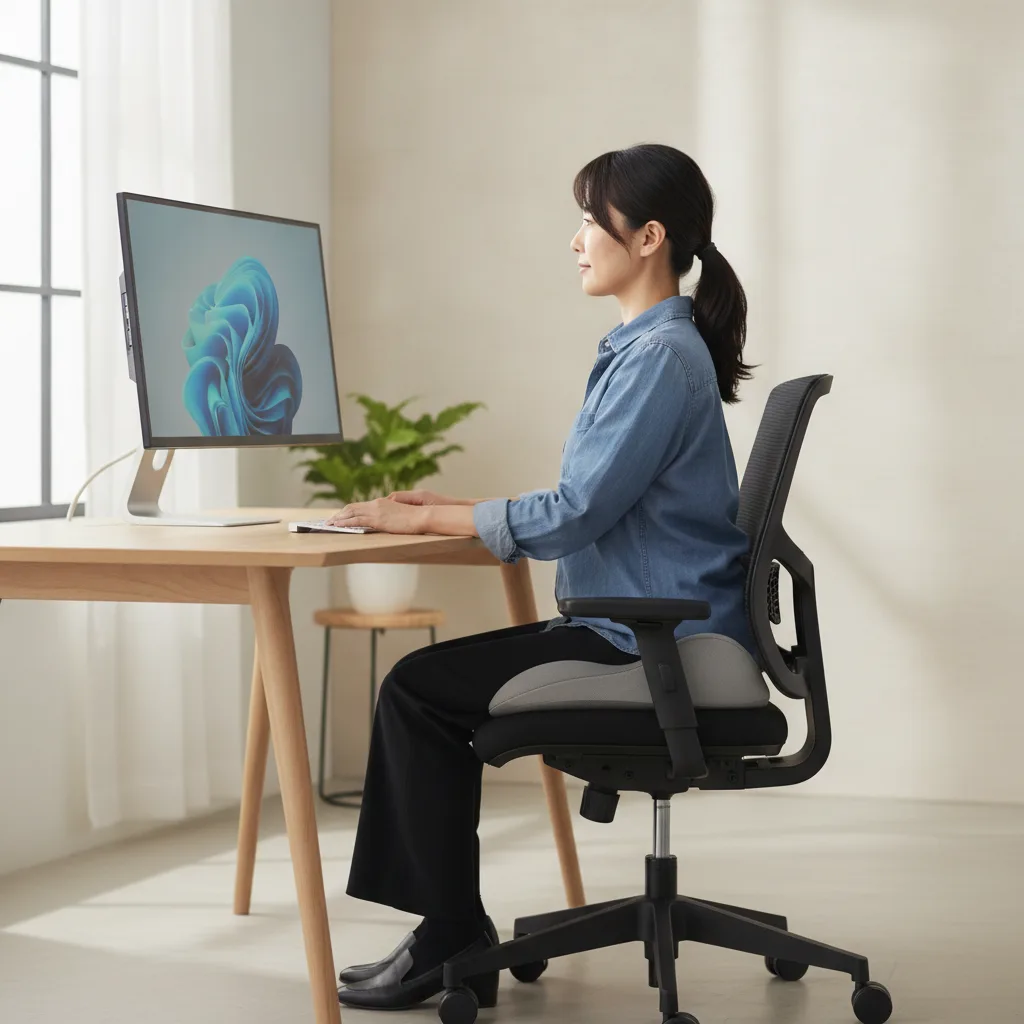 Eine Person sitzt aufrecht am Schreibtisch auf einem Bürostuhl mit ergonomischem Sitzkissen.