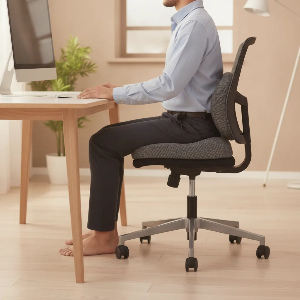 Eine Person sitzt aufrecht mit geradem Rücken und flach aufgestellten Füßen auf einem orthopädischen Sitzkissen am Schreibtisch.