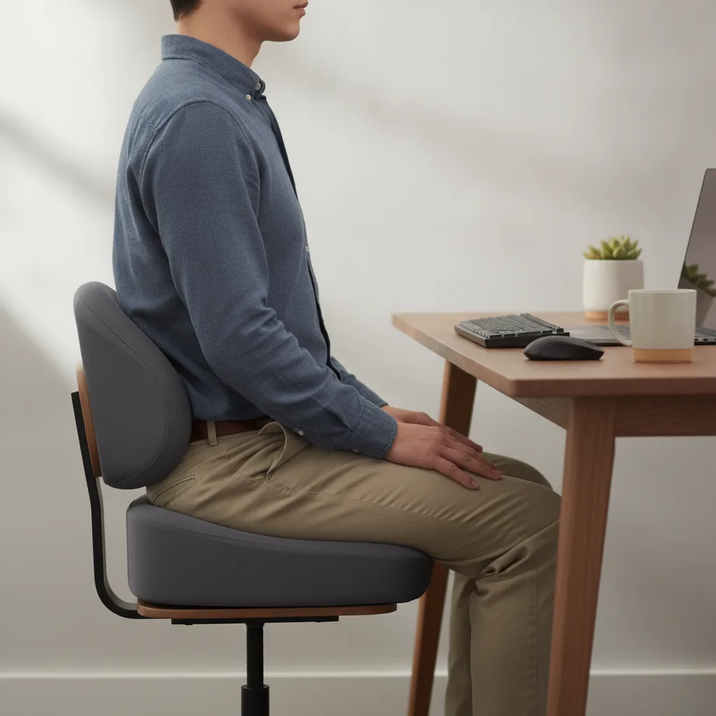 Aufrecht sitzende Person am Schreibtisch mit orthopädischem Sitzkissen und stützendem Rückenkissen.