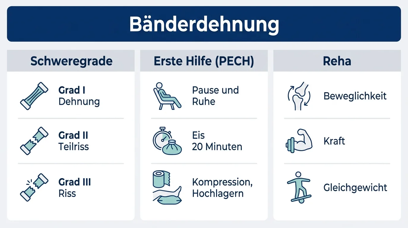 Infografik zur Bänderdehnung im Sprunggelenk mit den drei Schweregraden, der PECH-Regel und den drei Reha-Säulen.