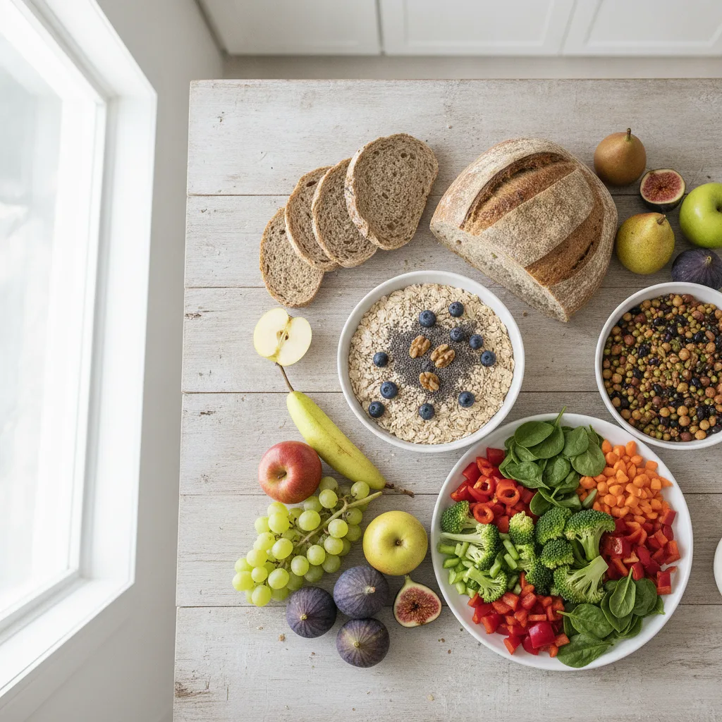 Auswahl ballaststoffreicher Lebensmittel wie Vollkornbrot, Haferflocken, Hülsenfrüchte, Gemüse und Obst auf einem Tisch.