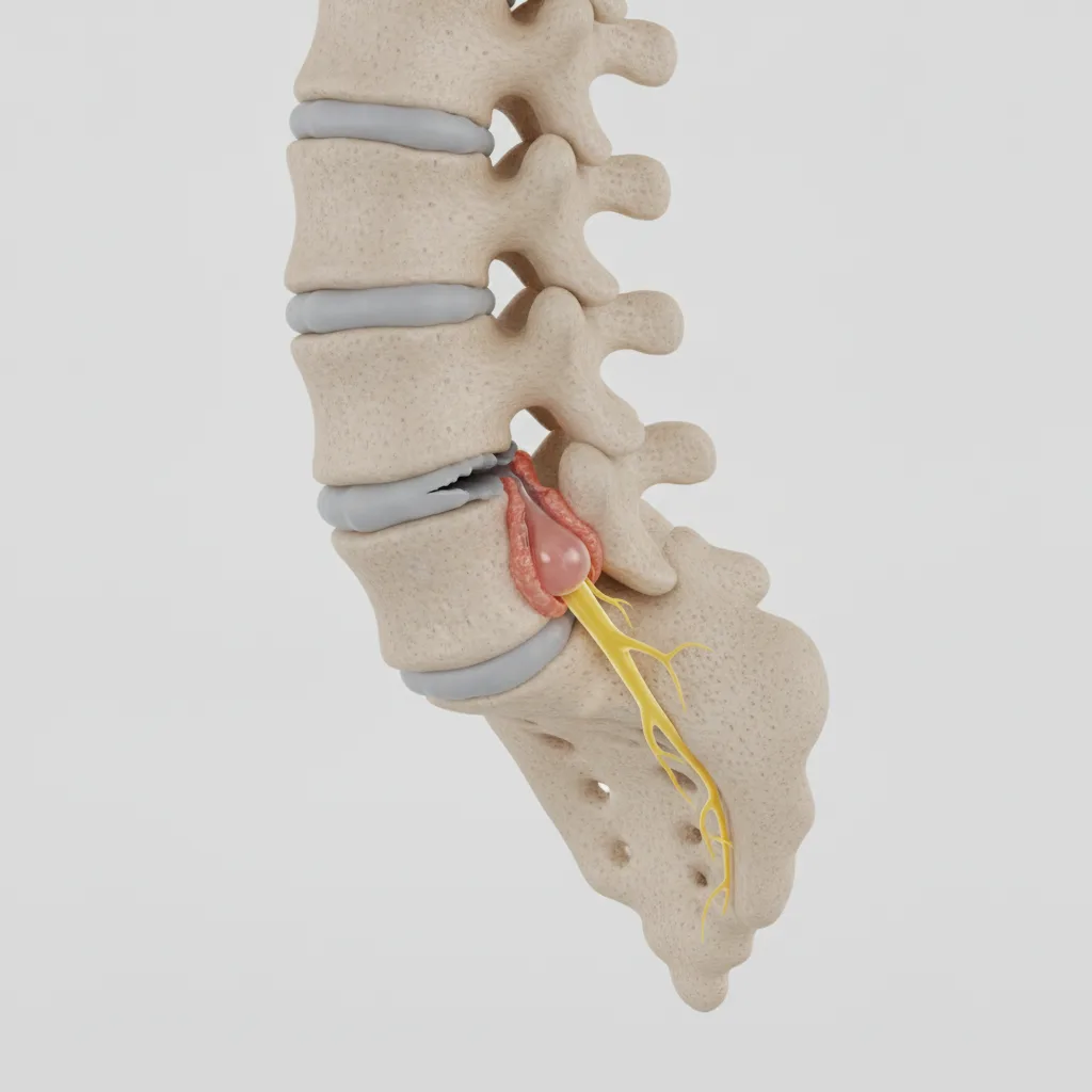 Anatomische Darstellung eines Bandscheibenvorfalls, der auf die Nervenwurzel des Ischiasnervs drückt.