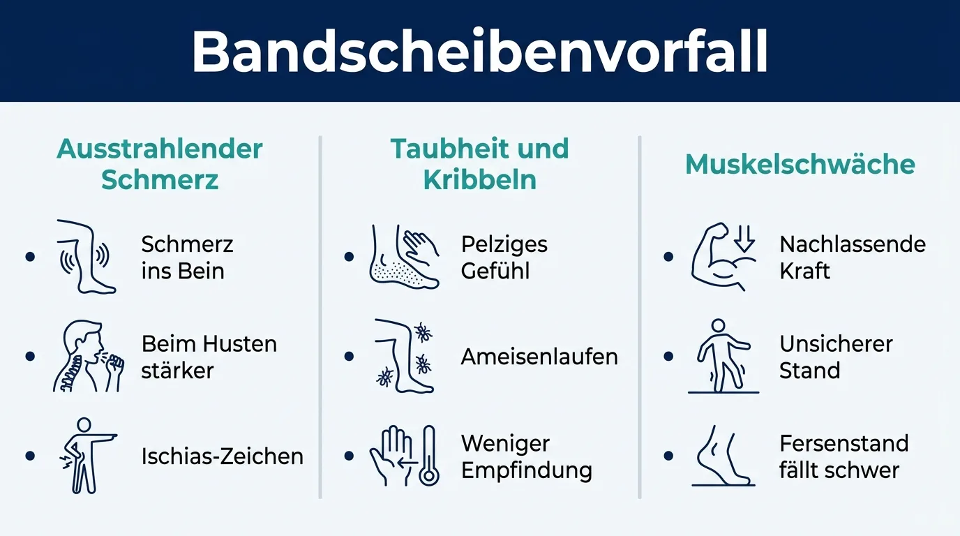 Infografik zeigt die drei Hauptsymptome eines Bandscheibenvorfalls: ausstrahlender Schmerz, Taubheit und Muskelschwäche.