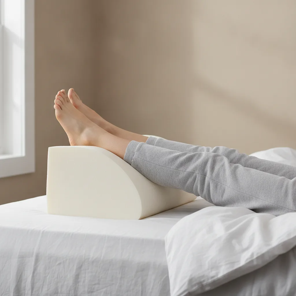 Die Beine ruhen erhöht auf einem orthopädischen Keilkissen auf dem Bett.