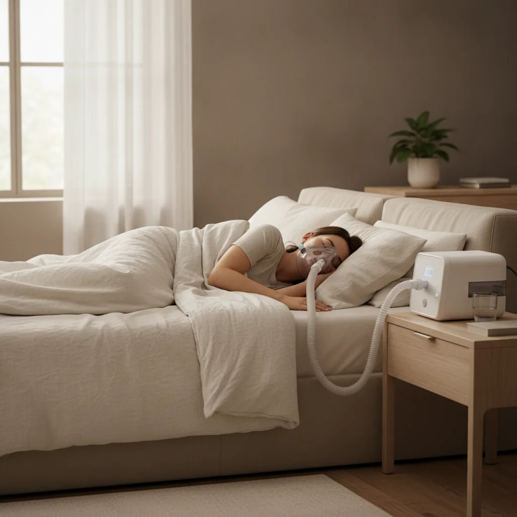 Person schläft ruhig mit einer CPAP-Maske zur Behandlung der Schlafapnoe.