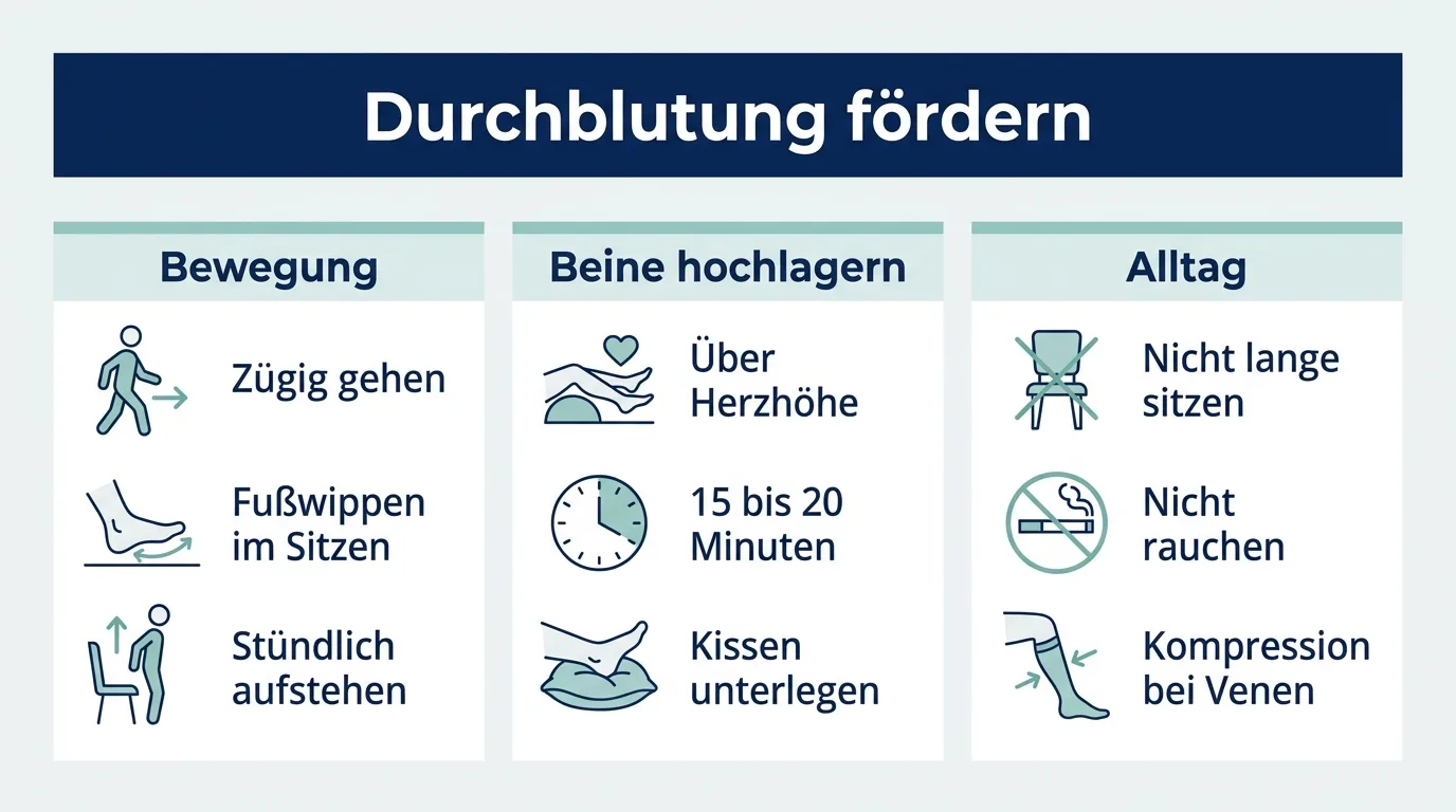 Infografik zeigt drei Bausteine für eine bessere Durchblutung der Beine: Bewegung, Hochlagern und Kompression