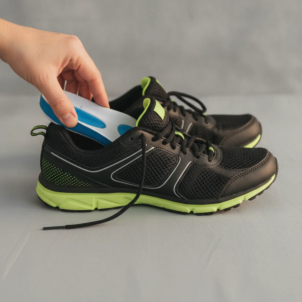 Eine Hand legt eine orthopädische Einlage in einen geöffneten Schuh.