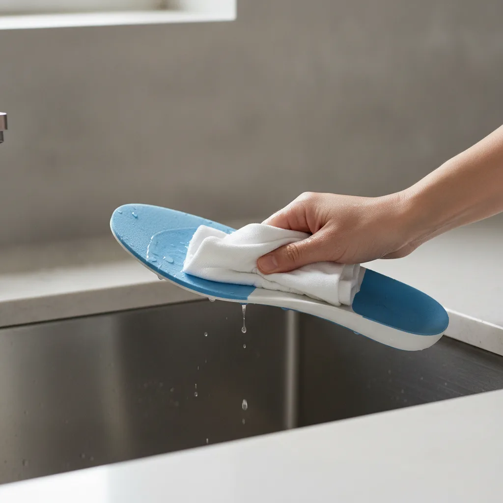 Hände wischen eine orthopädische Einlage mit einem feuchten Tuch über einem Waschbecken ab.