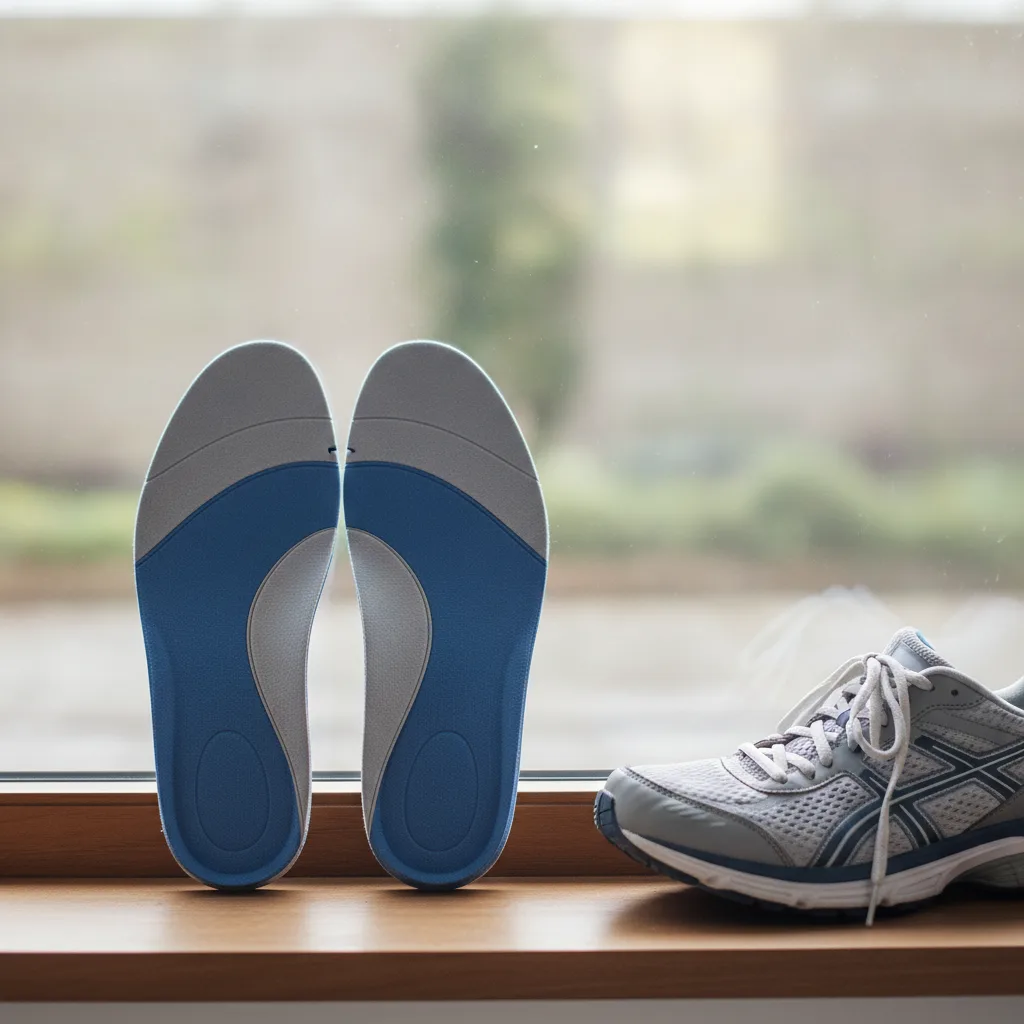 Zwei orthopädische Einlagen stehen aufrecht zum Lüften neben einem geöffneten Schuh auf einer Fensterbank.