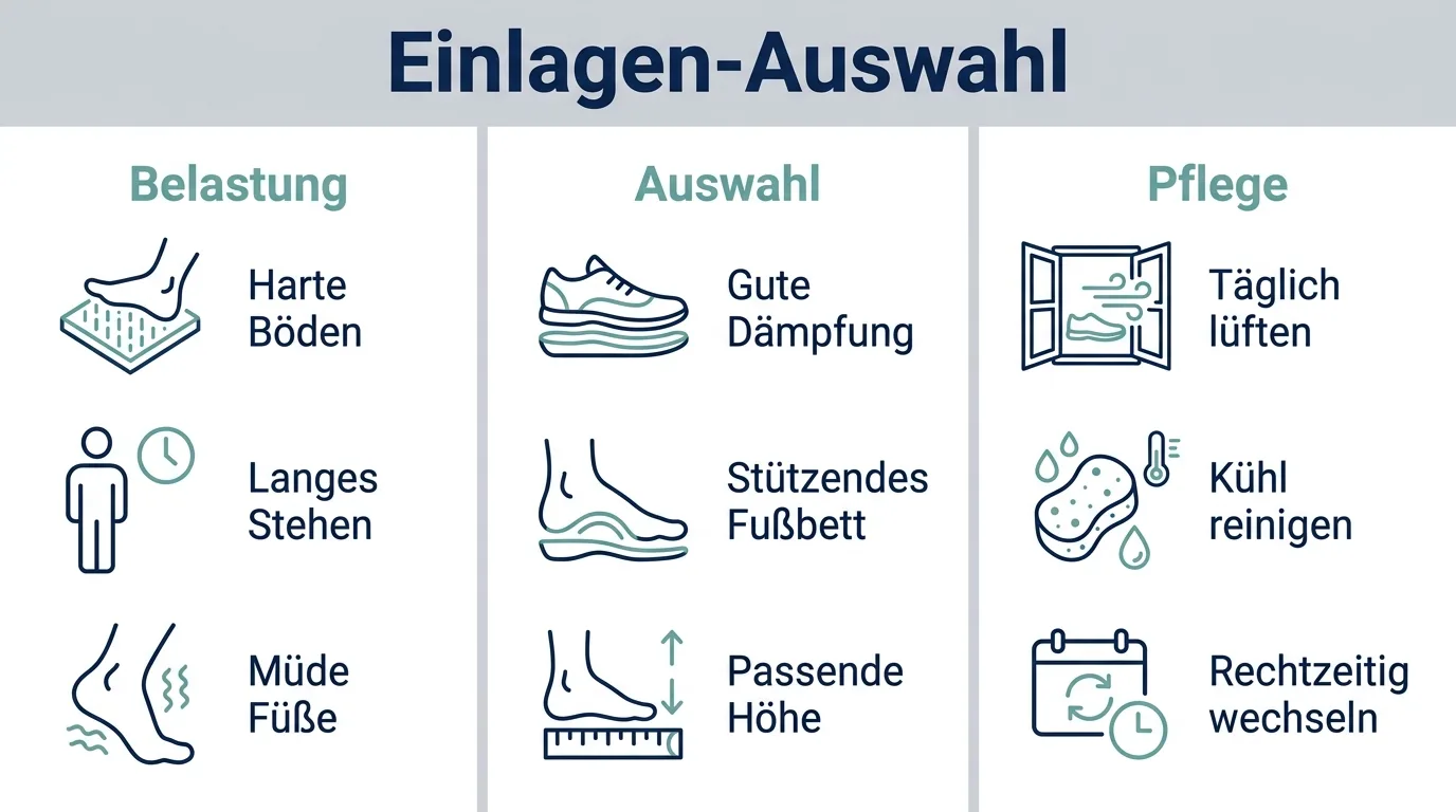 Infografik mit drei Schritten zur Auswahl von Einlagen für Arbeitsschuhe.