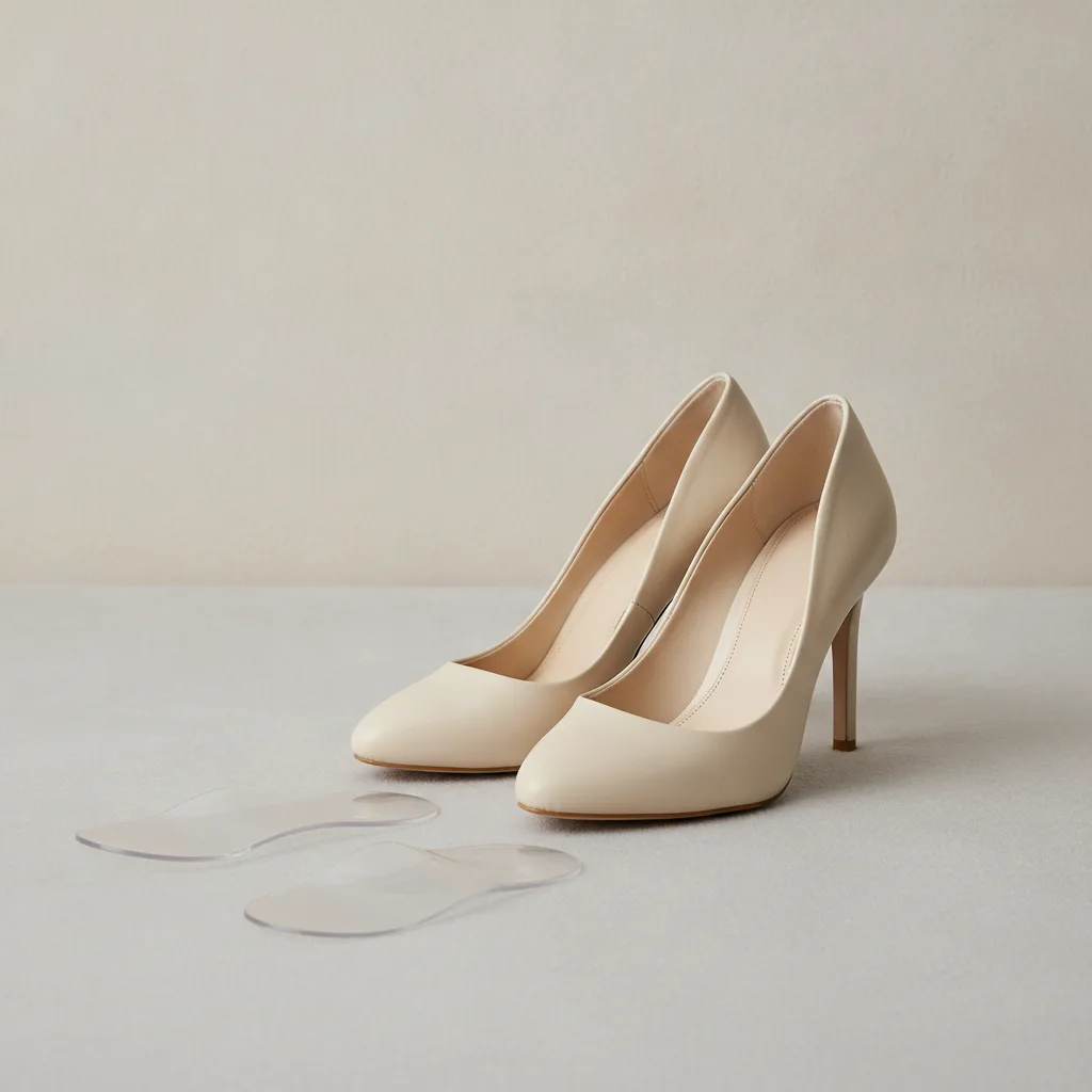 Elegante High Heels neben dünnen Gelpolstern für mehr Komfort im Vorfuß.