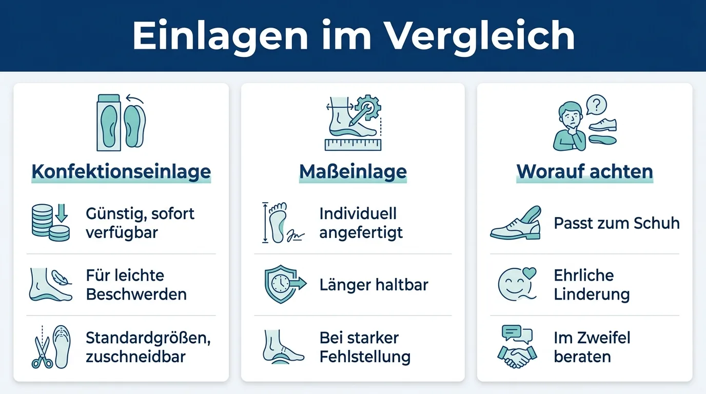 Infografik vergleicht Konfektions- und Maßeinlagen mit Vor- und Nachteilen und Kaufkriterien.