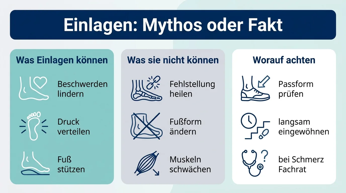 Infografik mit drei Spalten, die zeigt, was Einlagen können, was nicht und worauf man beim Kauf achten sollte.