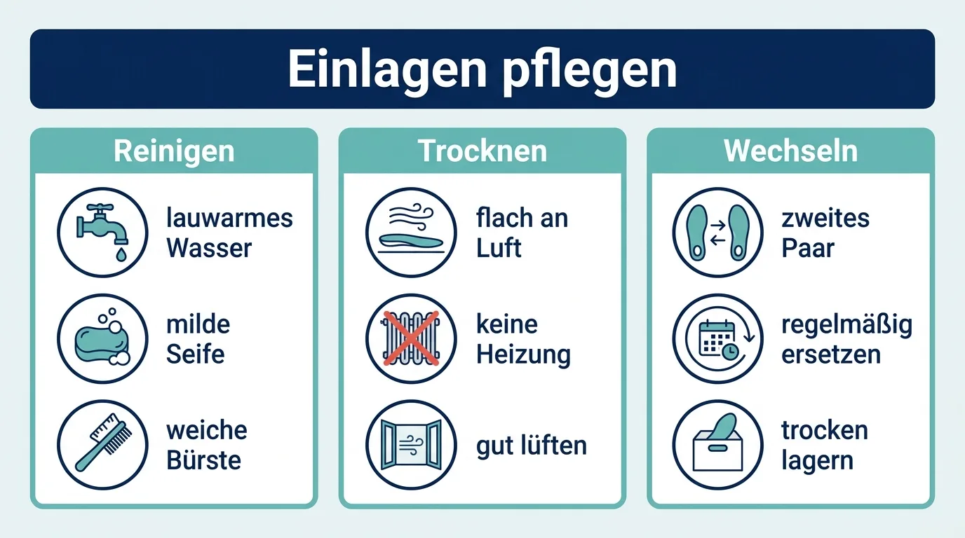 Infografik mit drei Spalten zum Reinigen, Trocknen und Wechseln orthopädischer Einlagen.