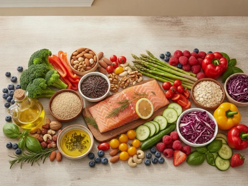Bunte Auswahl an Gemüse, Obst, Fisch, Nüssen und Olivenöl auf einem Holztisch.