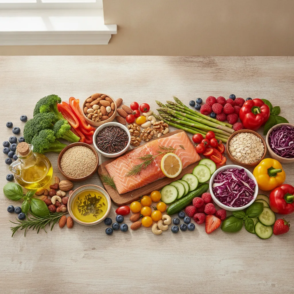 Bunte Auswahl an Gemüse, Obst, Fisch, Nüssen und Olivenöl auf einem Holztisch.
