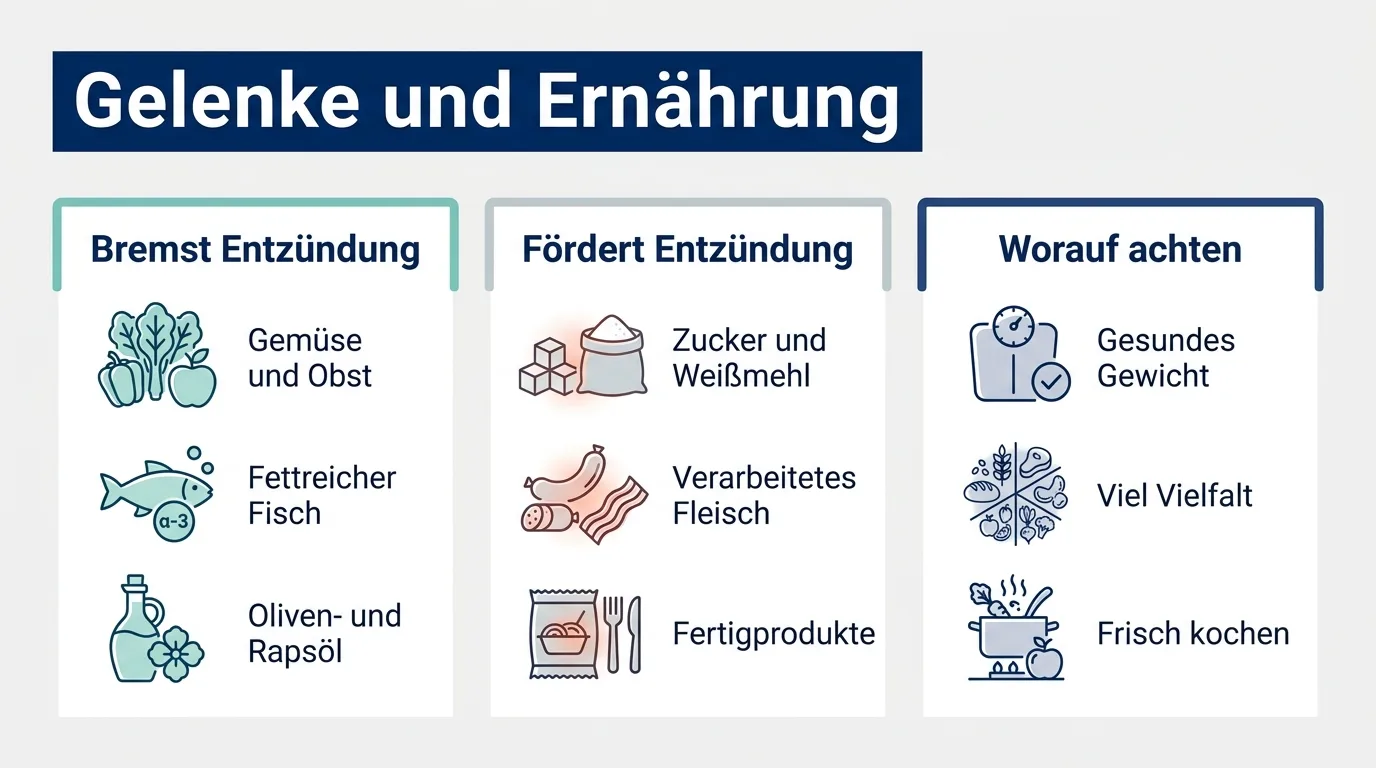 Infografik zu entzündungshemmender Ernährung mit hilfreichen und ungünstigen Lebensmitteln.