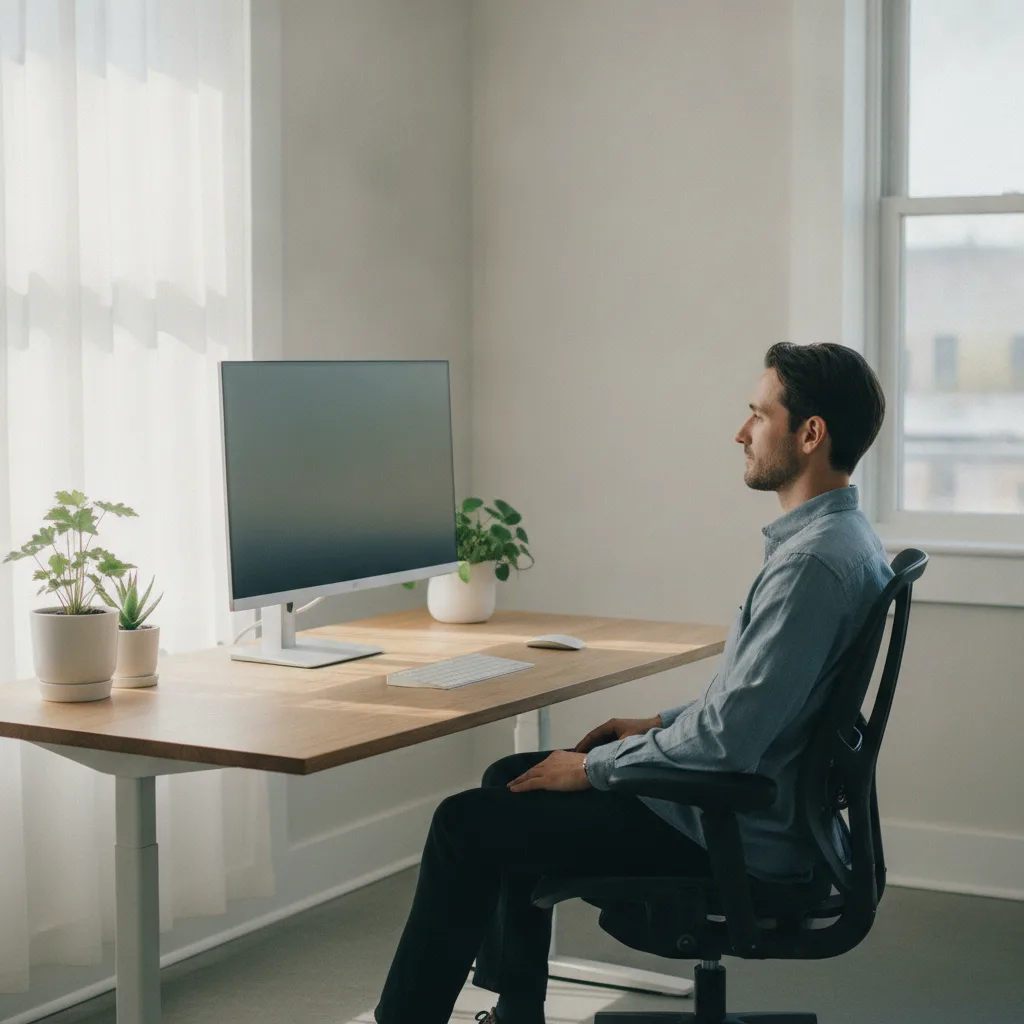 Ergonomisch eingerichteter Arbeitsplatz mit Bildschirm auf Augenhöhe und aufrechter, entspannter Sitzhaltung.