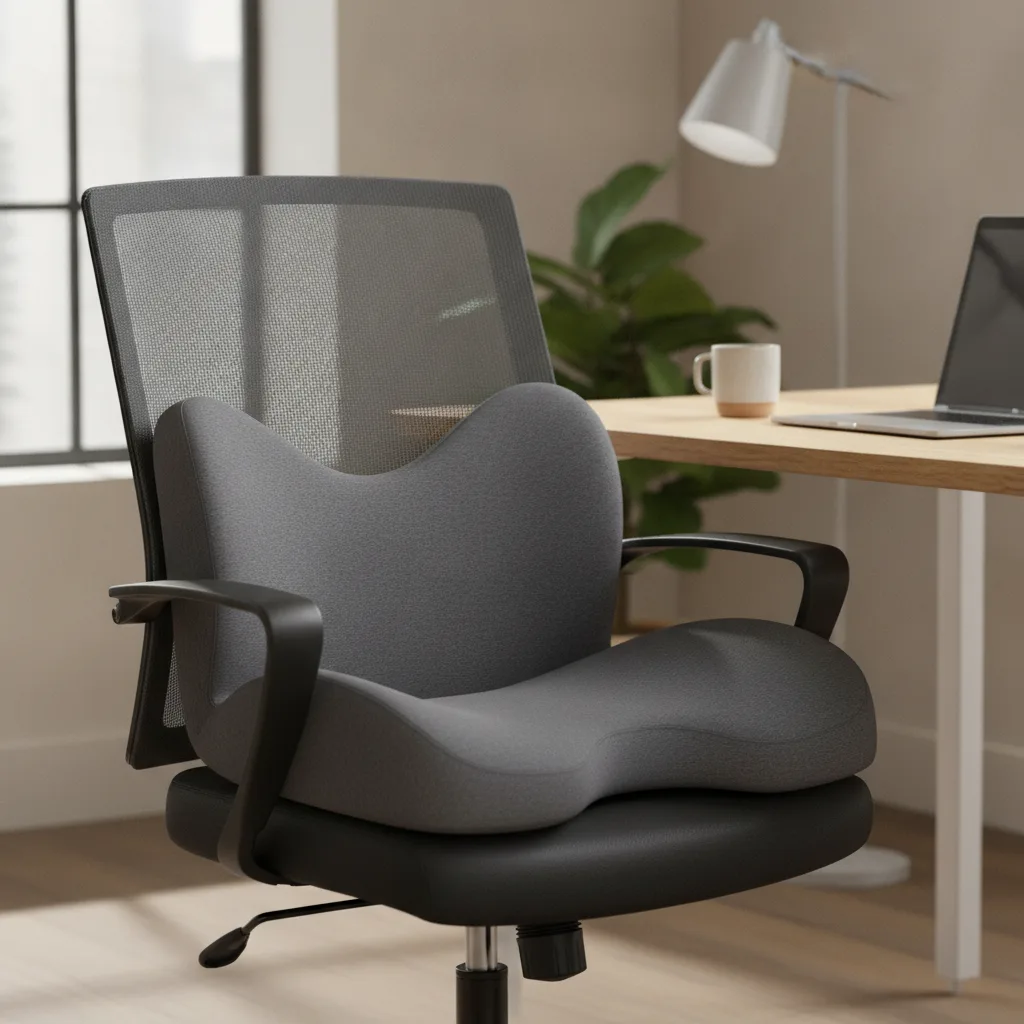 Ergonomisches Sitzkissen aus Schaum auf einem Bürostuhl, das den Druck beim langen Sitzen verteilt.