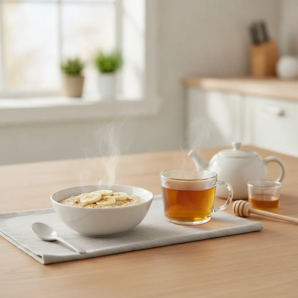 Refluxfreundliches Frühstück mit Haferflocken, Banane und Kräutertee auf einem hellen Küchentisch.