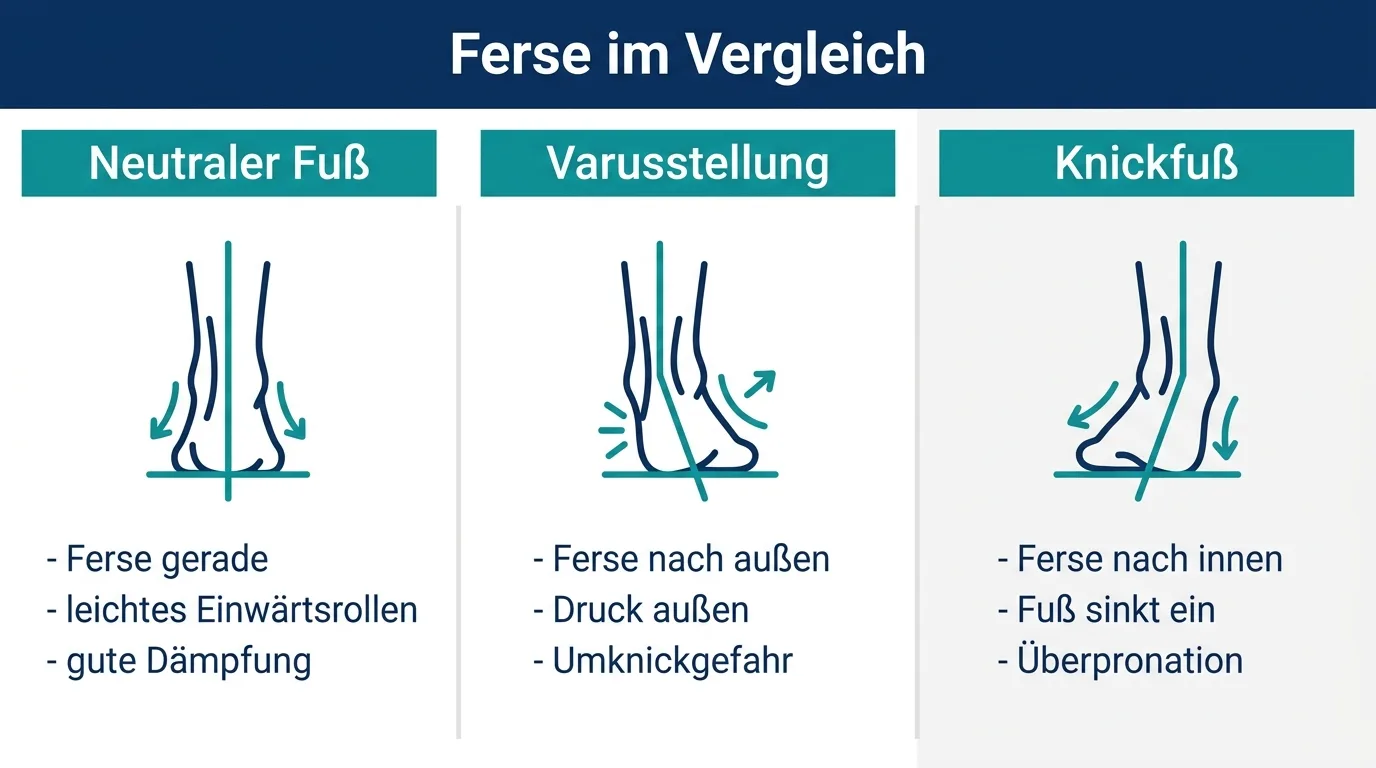 Infografik mit drei Spalten, die neutrale Ferse, Varusstellung und Knickfuß mit ihrer typischen Stellung und dem Abrollweg vergleicht.