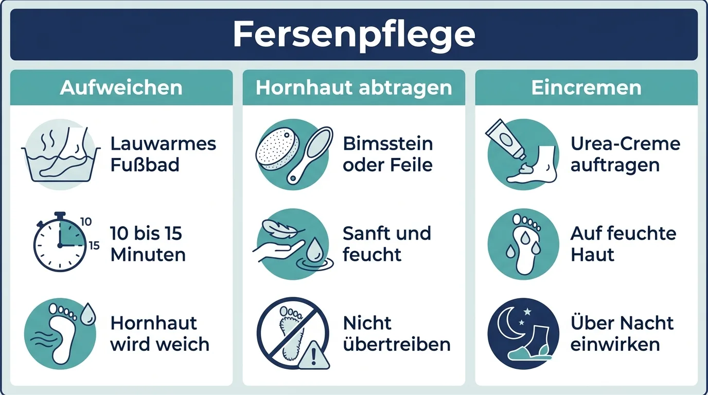 Infografik zeigt die drei Schritte Aufweichen, Hornhaut abtragen und Eincremen bei rissigen Fersen.