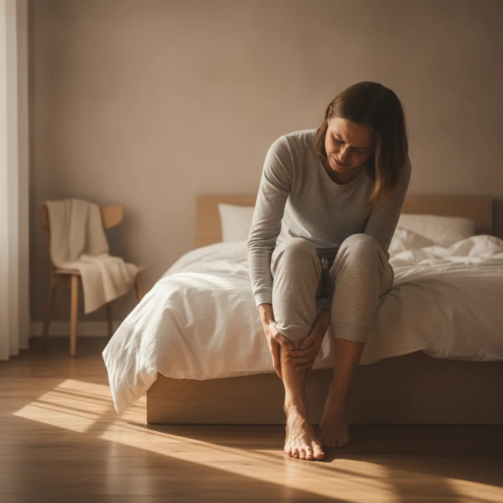 Person fasst sich beim ersten Schritt am Morgen an die schmerzende Ferse.