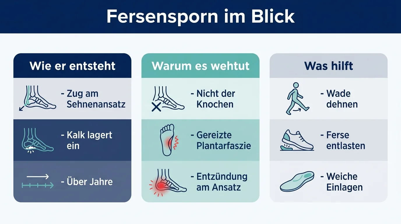 Infografik, die Entstehung, Schmerzursache und die drei wichtigsten Maßnahmen beim Fersensporn zeigt.