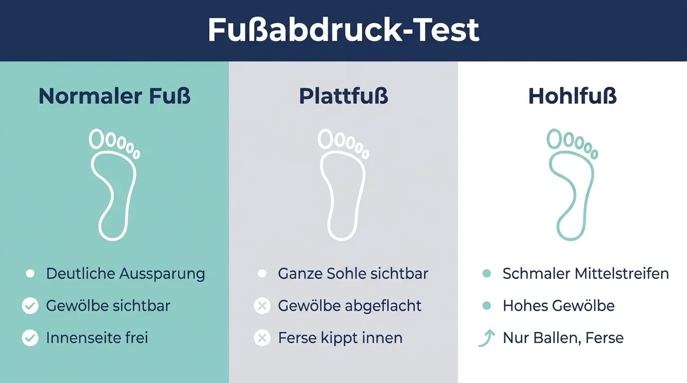 Infografik vergleicht die nassen Fußabdrücke von normalem Fuß, Plattfuß und Hohlfuß nebeneinander