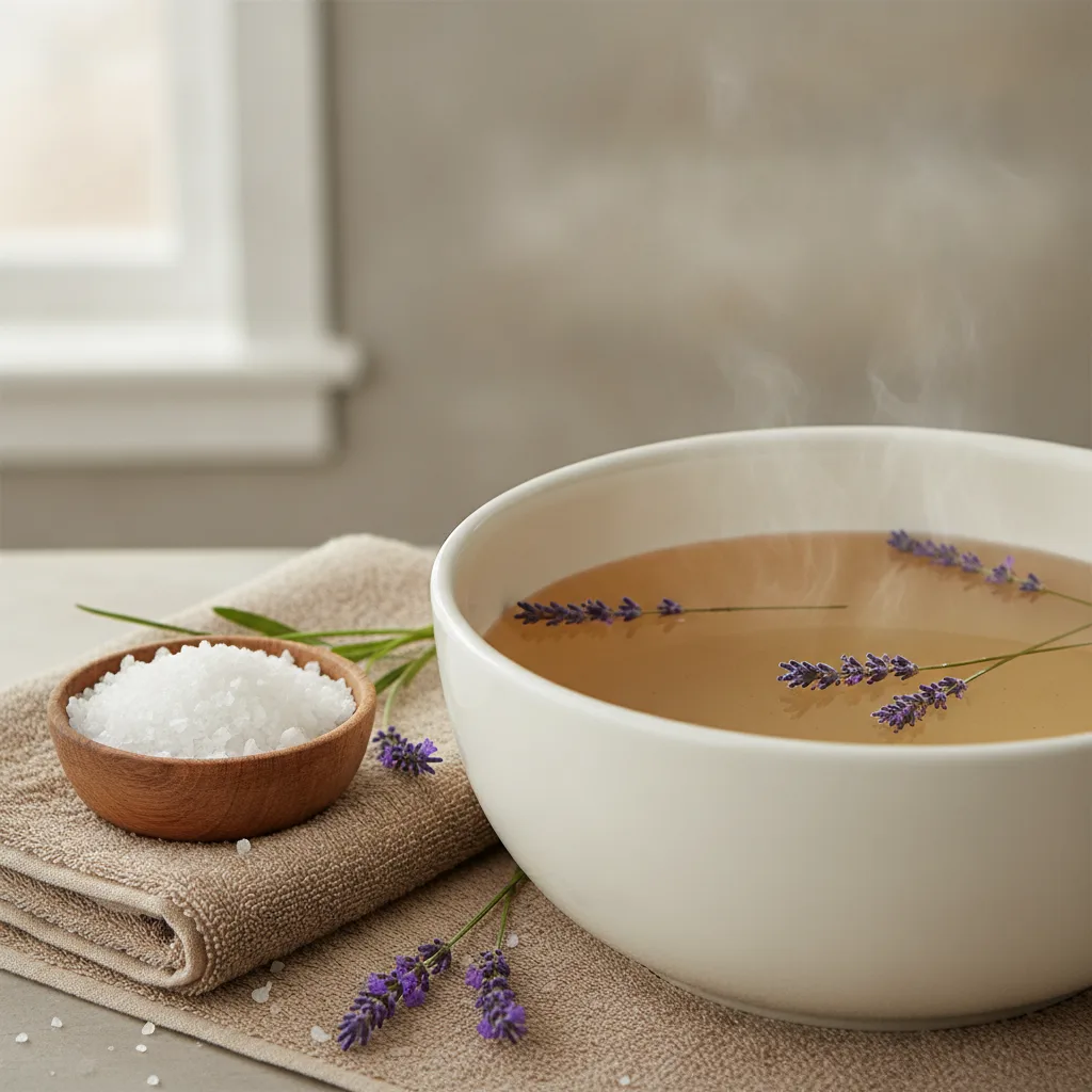 Fußbadschüssel mit warmem Wasser, daneben eine Schale Meersalz und Lavendelzweige auf einem Handtuch.