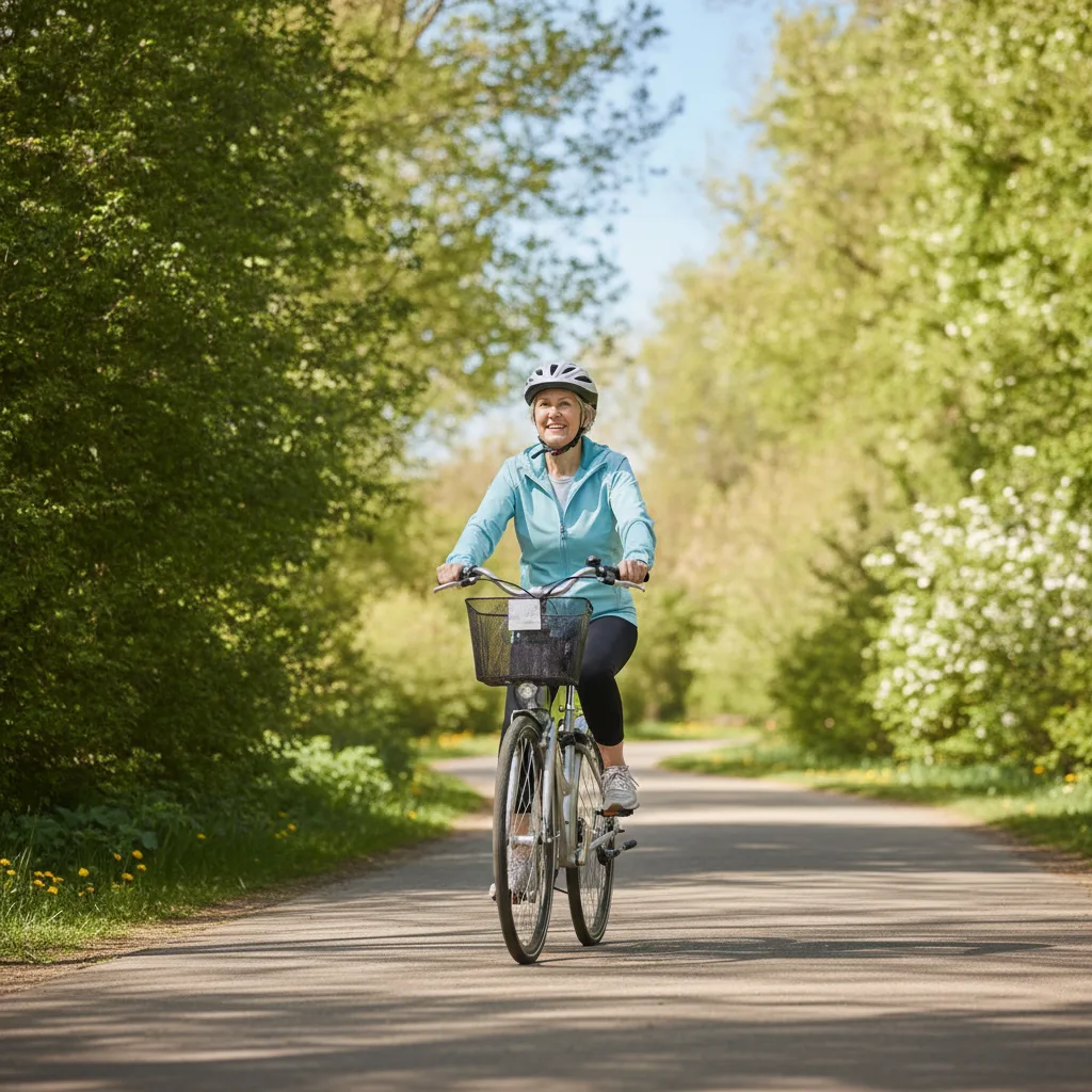 Ältere Frau fährt entspannt Fahrrad im Park als gelenkschonende Bewegung.