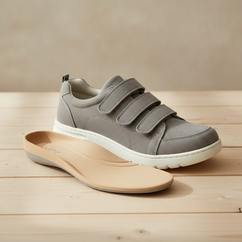 Gepolsterte orthopädische Einlage neben einem Schuh zur Entlastung eines Hohlfußes