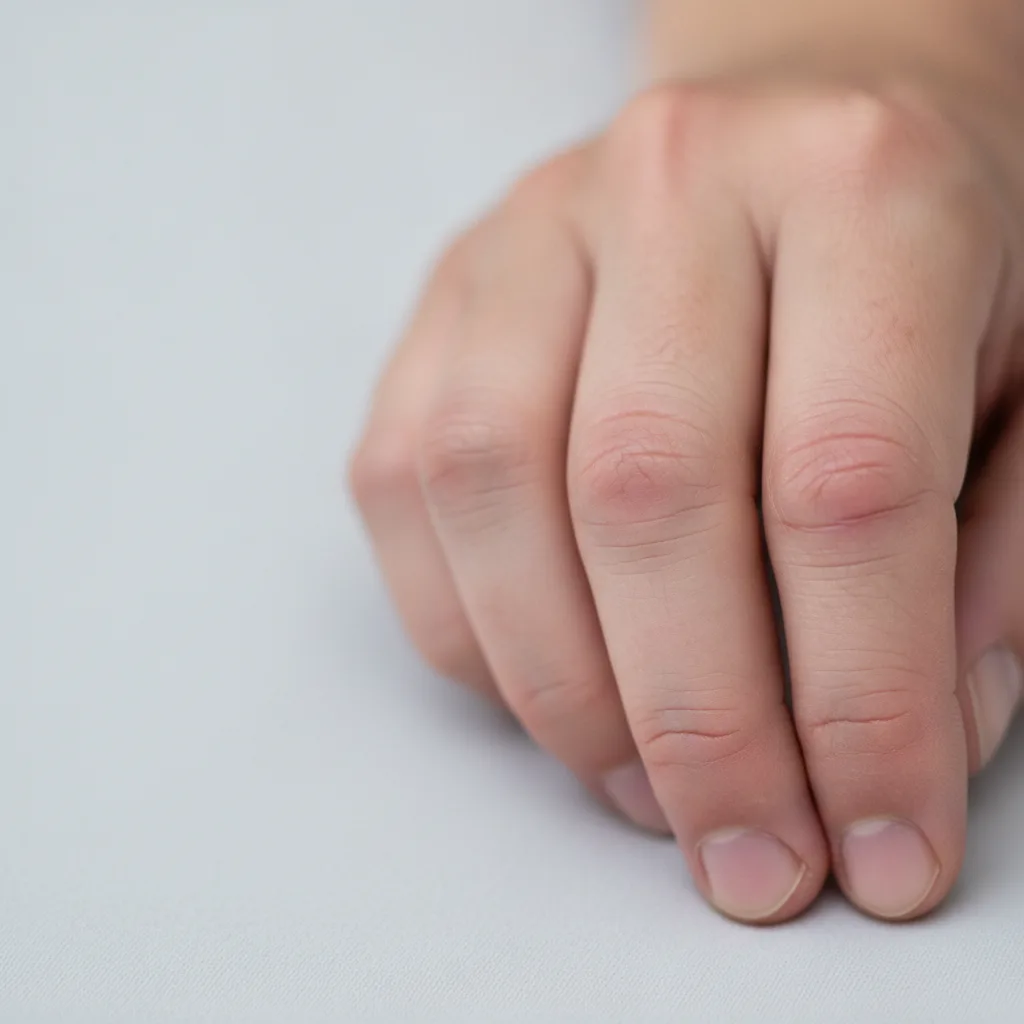 Nahaufnahme geschwollener, entzündeter Fingergelenke als typisches Symptom der rheumatoiden Arthritis.