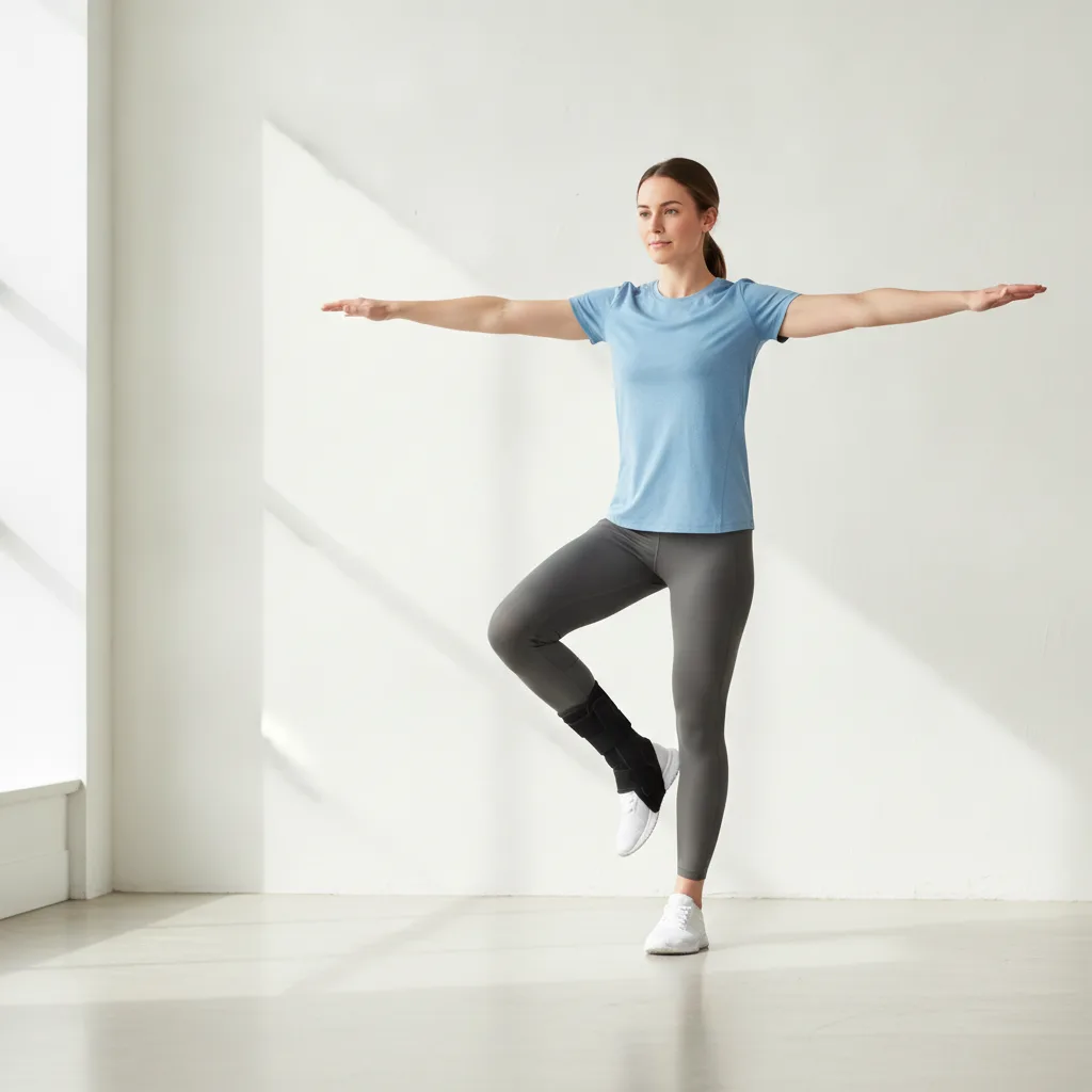 Eine Person macht auf einem Bein eine Gleichgewichtsübung mit Knöchelbandage zur Rehabilitation.