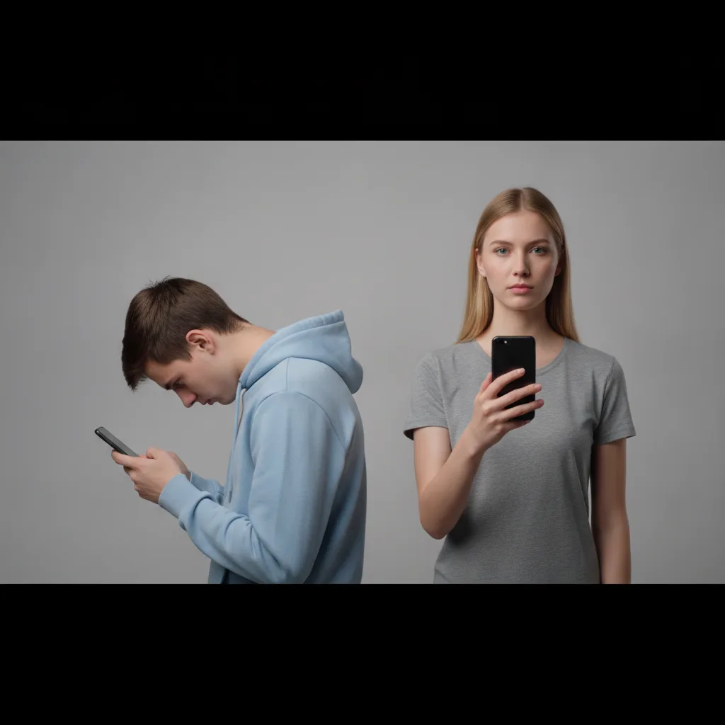 Zwei Personen im Vergleich, eine mit tief gebeugtem Handynacken, die andere mit aufrecht gehaltenem Smartphone.